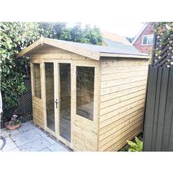 10ft X 12ft Pressure Treated Tongue & Groove Apex Summerhouse - Long Windows - With Higher Eaves And Ridge Height + Overhang + Toughened Safety Glass + Euro Lock With Key + Super Strength Framing