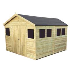 10ft X 10ft Premier Pressure Treated T&g Apex Workshop + 6 Windows + Higher Eaves & Ridge Height + Double Doors (12mm T&g Walls, Floor & Roof) + Safety Toughened Glass + Super Strength Framing