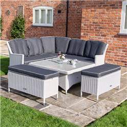 6 Seater Putty Grey Rattan Weave Corner Dining Set - With Benches