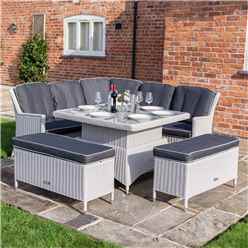 6 Seater Putty Grey Rattan Weave Corner Dining Set - With Benches