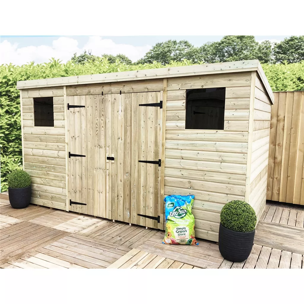 12 x 5 Pressure Treated T&G Pent Shed With 2 Windows, Double Door (centre)