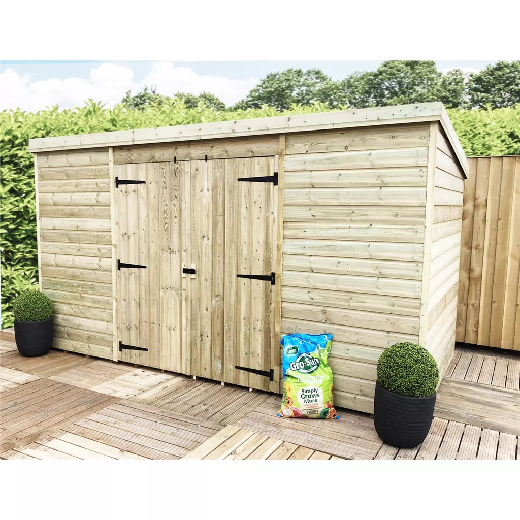 12 x 7 Pressure Treated Windowless T&G Pent Shed With Double Doors (centre)