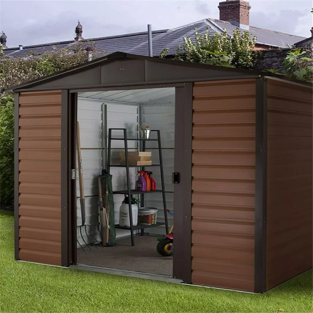 9ft 4" x 6ft 1" Woodgrain Metal Shed + Free Anchor Kit (3.03m x 1.97m)