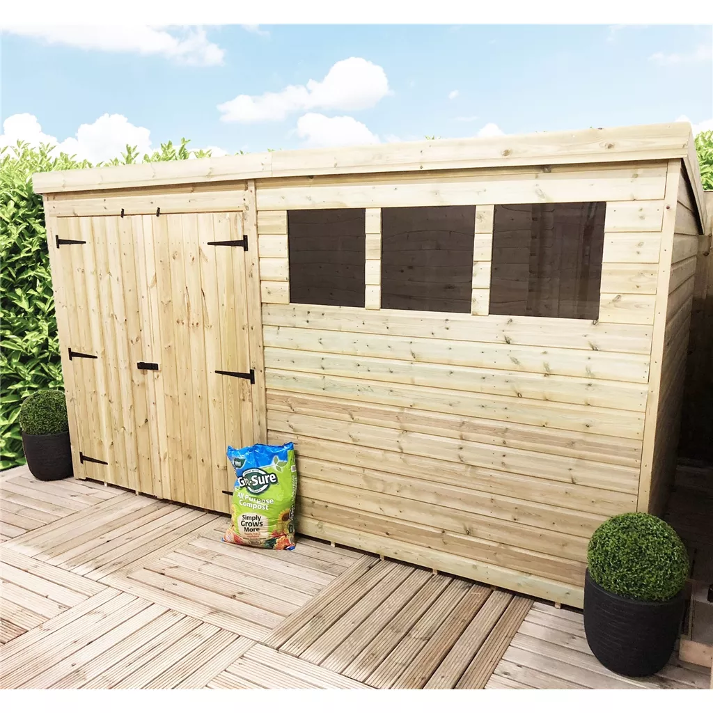 12 x 5 Pressure Treated T&G Pent Shed With 3 Windows, Double Door