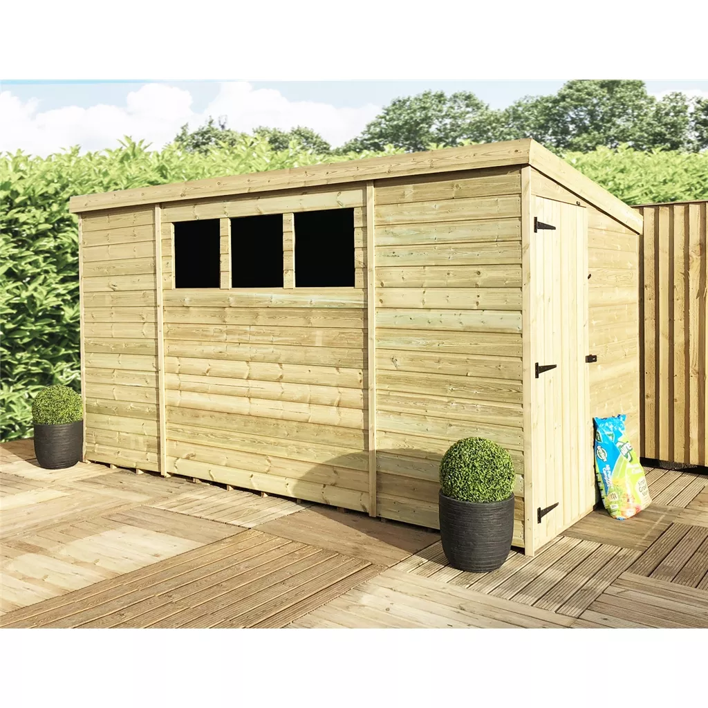 12 x 8 Pressure Treated T&G Pent Shed With 3 Windows And Side Door