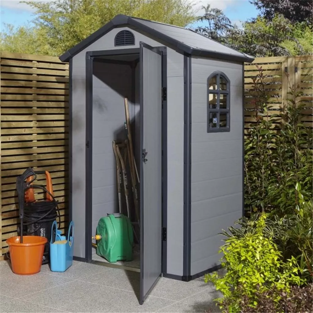 4ft x 3ft Deluxe Stratton Plastic Shed Single Door Apex Shed With Foundation Kit - Light Grey
