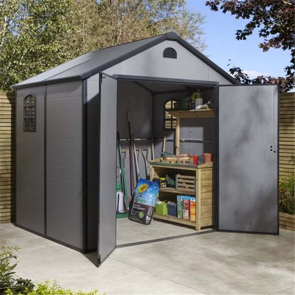 8ft x 6ft Deluxe Stratton Plastic Shed Double Door Apex Shed With Foundation Kit - Light Grey