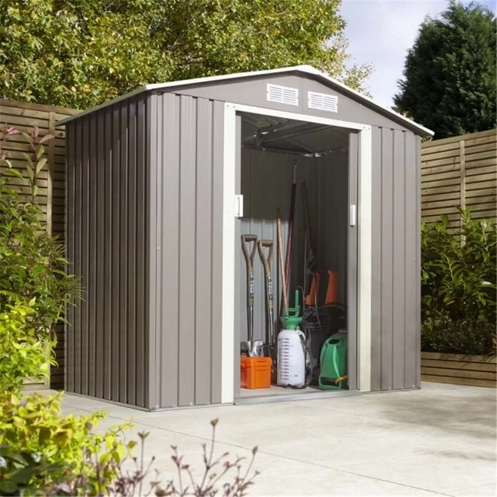 6 x 4 Deluxe Ironwood Metal Apex Shed – Double Door & Foundation Kit – Light Grey