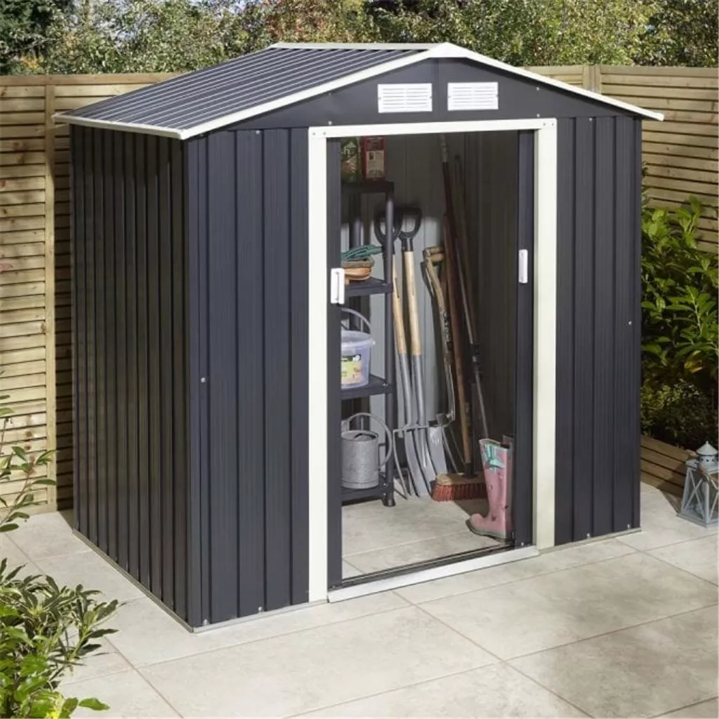 6 x 4 Deluxe Ironwood Metal Apex Shed – Double Door & Foundation Kit – Dark Grey