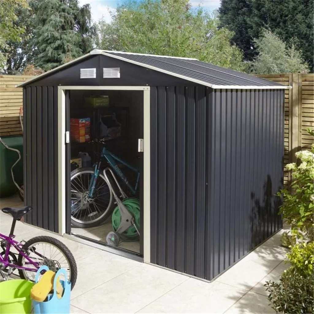 8 x 6 Deluxe Ironwood Metal Apex Shed – Double Door, Assembly & Foundation Kit – Dark Grey