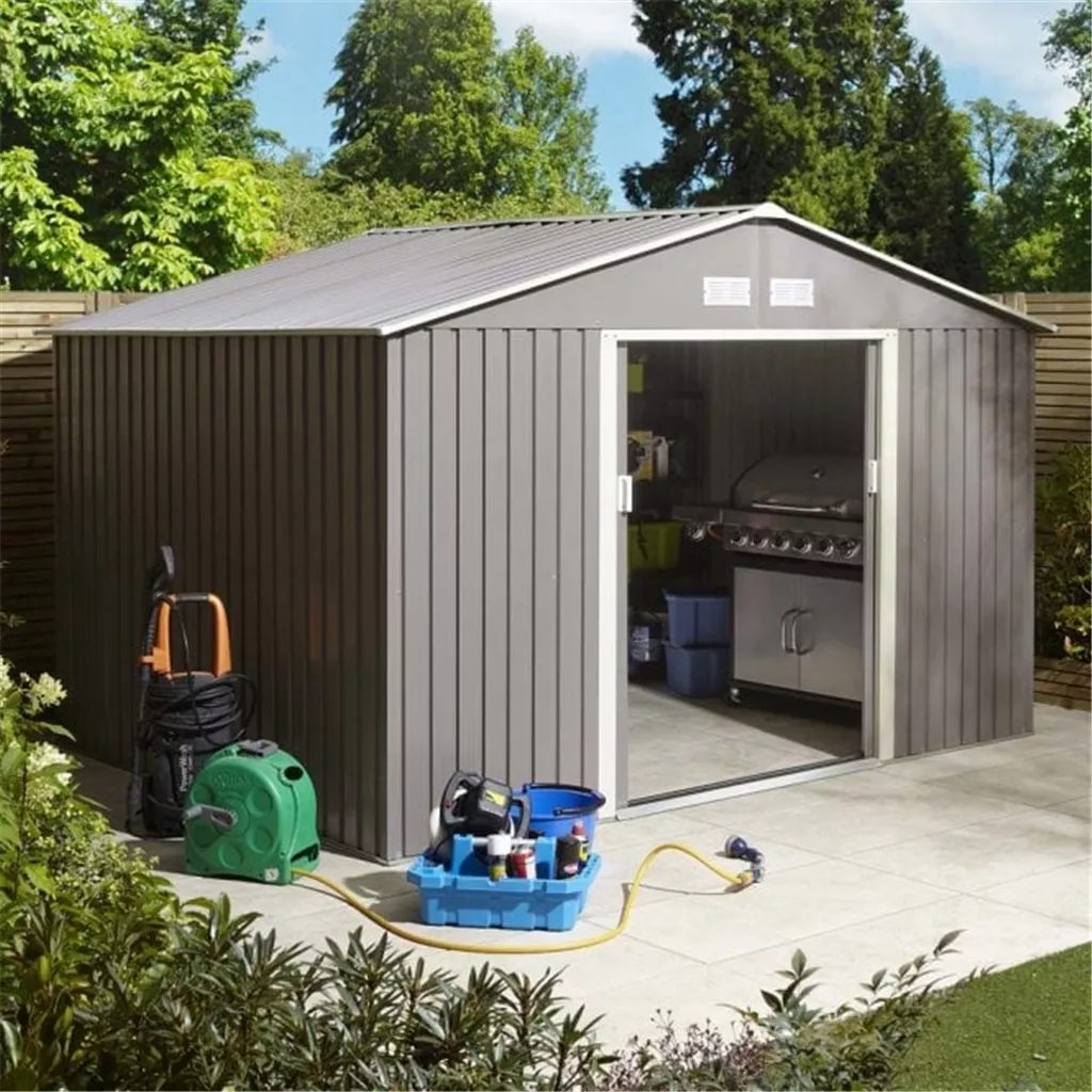 10 x 8 Deluxe Ironwood Metal Apex Shed – Double Door, Assembly – Light Grey