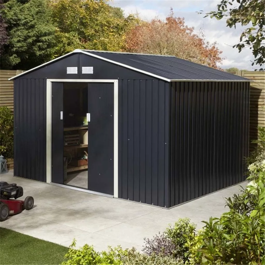 10 x 8 Deluxe Ironwood Metal Apex Shed – Double Door, Assembly & Foundation Kit – Dark Grey