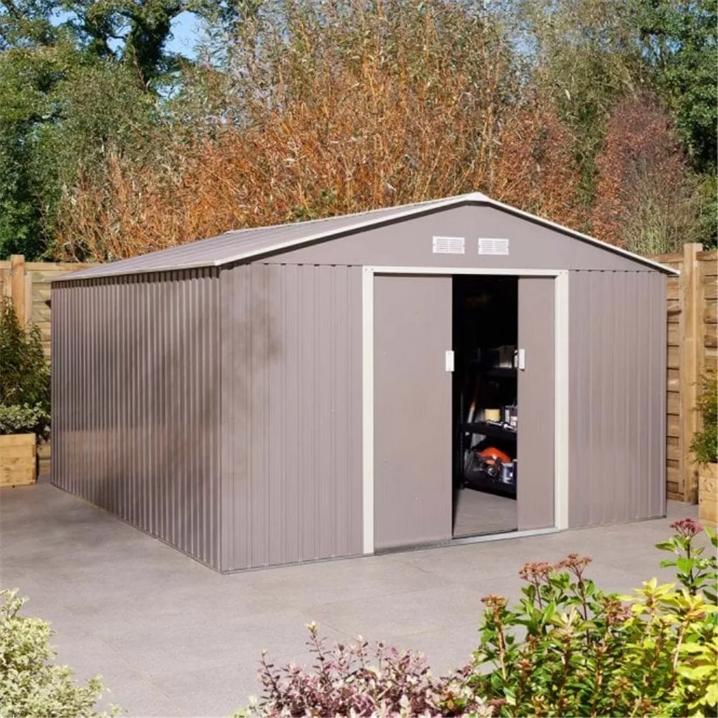 10 x 12 Deluxe Ironwood Metal Apex Shed – Double Door, Assembly & Foundation Kit – Light Grey