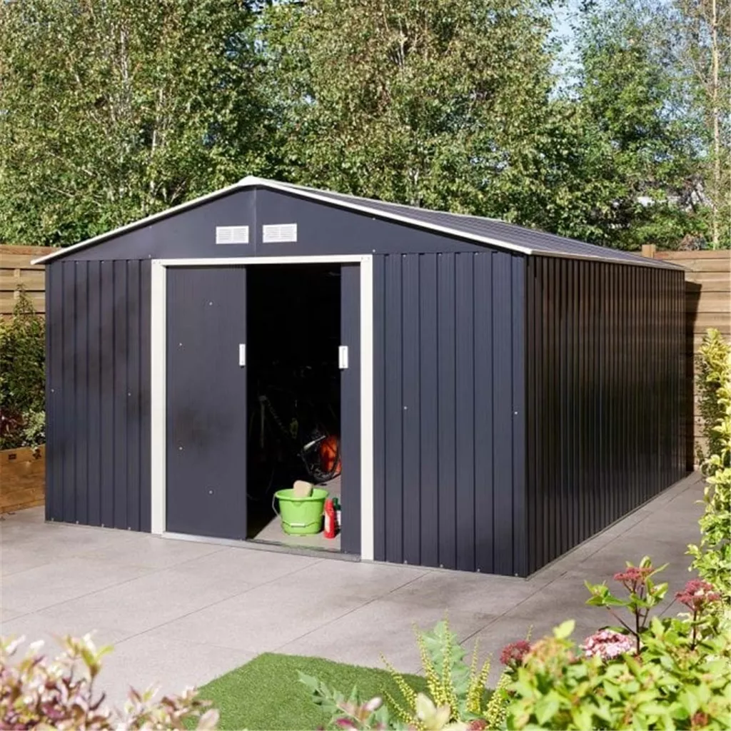 10 x 12 Deluxe Ironwood Metal Apex Shed – Double Door, Assembly – Dark Grey