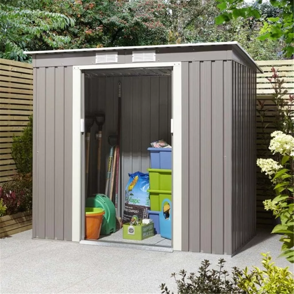 6 x 4 Deluxe Ironwood Metal Pent Shed – Single Door & Foundation Kit – Light Grey