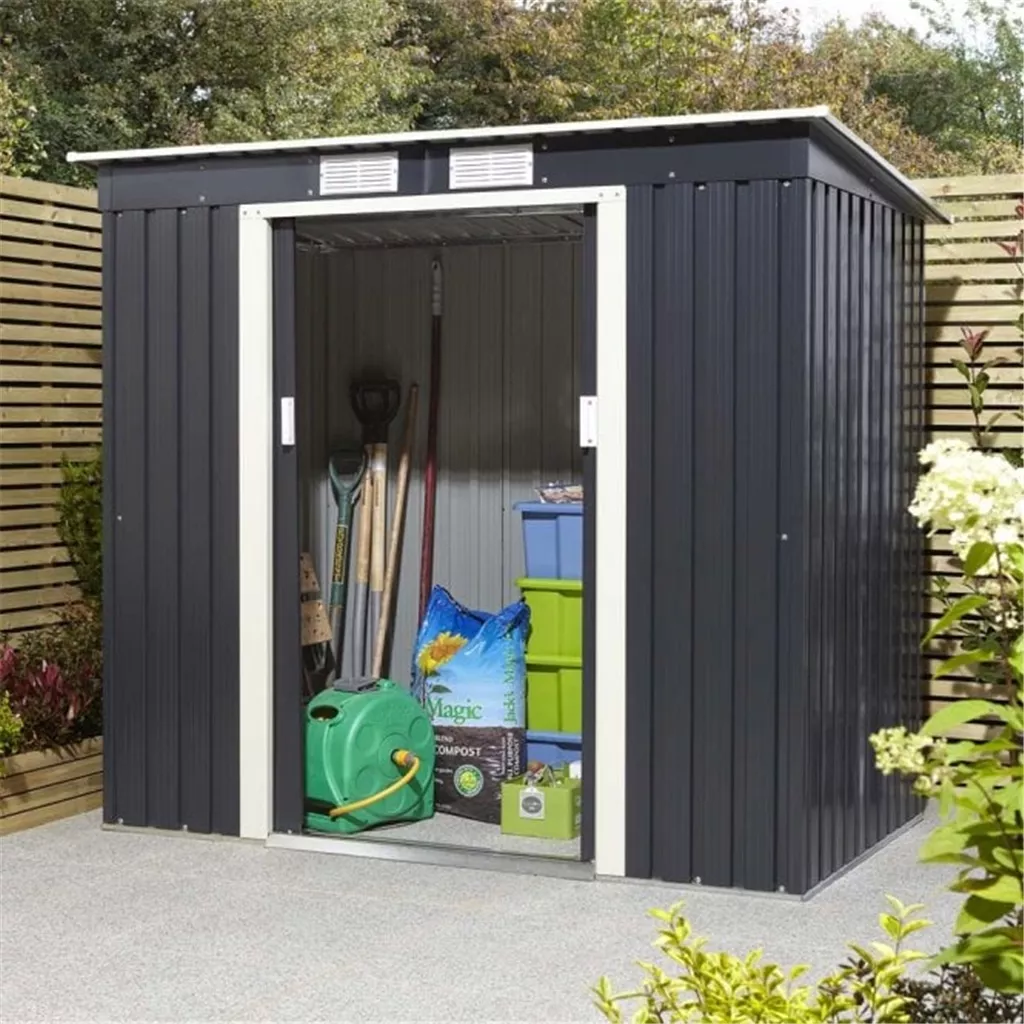 6 x 4 Deluxe Ironwood Metal Pent Shed – Single Door & Foundation Kit – Dark Grey