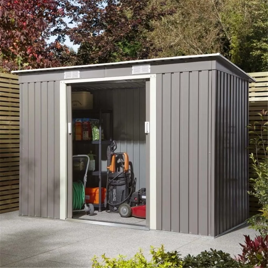 8 x 4 Deluxe Ironwood Metal Pent Shed – Single Door, Assembly & Foundation Kit – Light Grey