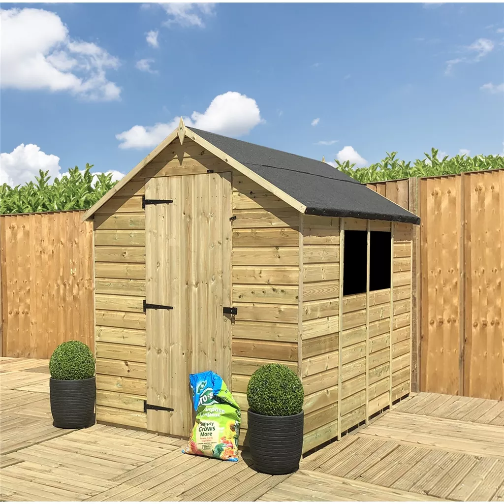 8 x 8 Pressure Treated T&G Single Door Apex Shed (low Eaves) + 2 Windows