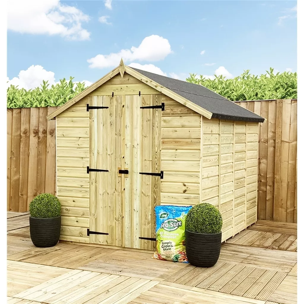 7 x 6 Windowless Pressure Treated T&G Apex Shed + Double Doors + Low Eaves