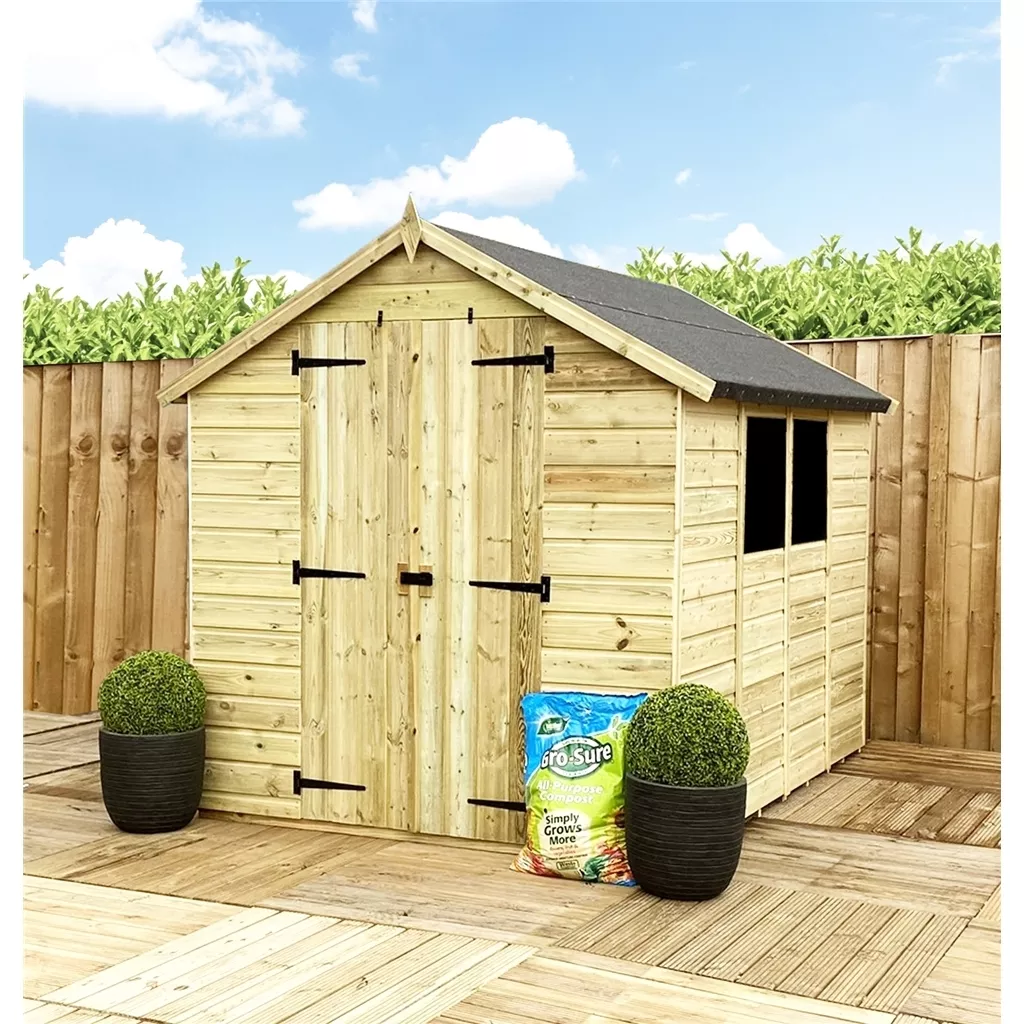 8 x 8 T&G Apex Shed + Double Doors + Low Eaves + 2 Windows