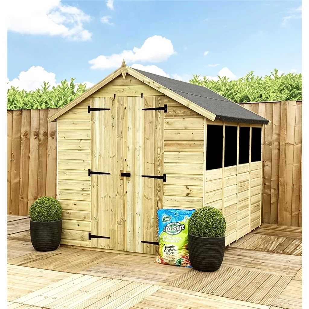 12 x 8 T&G Apex Shed + Double Doors + Low Eaves + 4 Windows