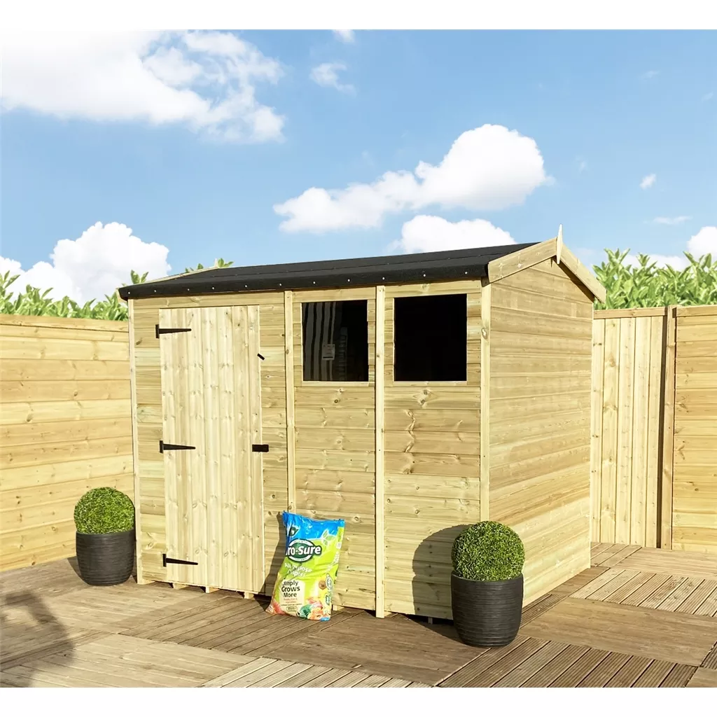 8 x 8 Reverse Pressure Treated T&G Single Door Apex Shed – High Eaves+ 2 Windows