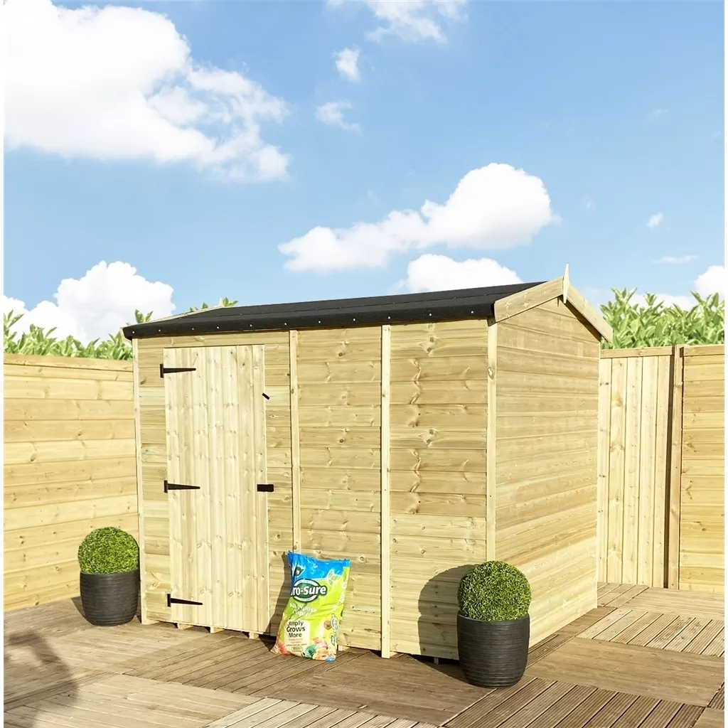 12 x 8 Reverse Windowless Pressure Treated T&G Single Door Apex Shed – High Eaves