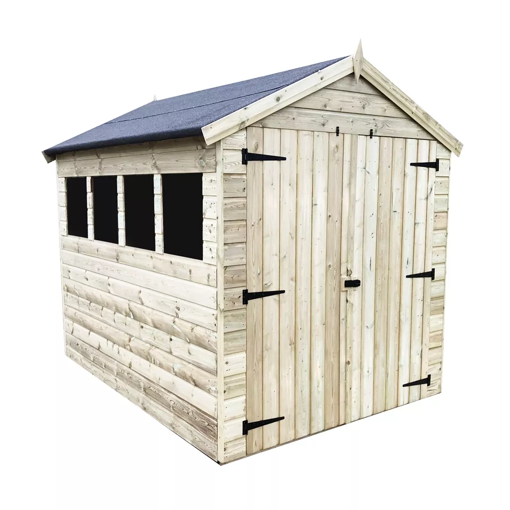 8 x 6 Premier Pressure Treated T&G Apex Shed – Higher Eaves, 4 Windows, Double Door product image