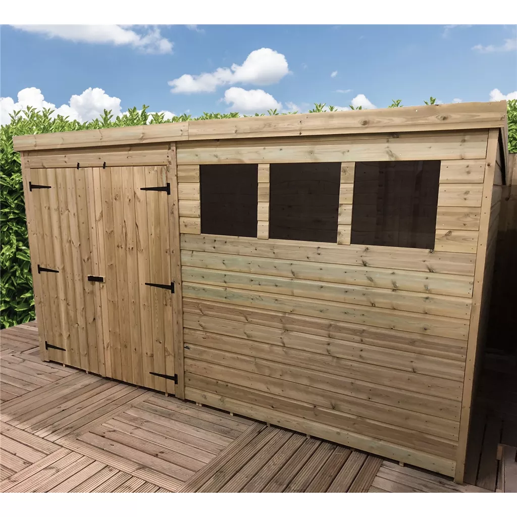 14 x 3 Pressure Treated T&G Pent Shed With 3 Windows, Double Door – Left/Right Door Option product image