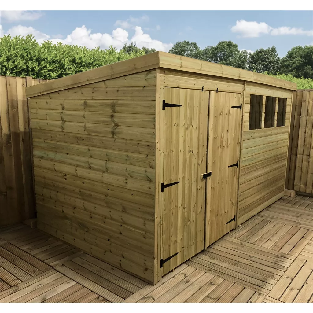 14 x 3 Pressure Treated T&G Pent Shed With 3 Windows, Double Door – Left/Right Door Option product image