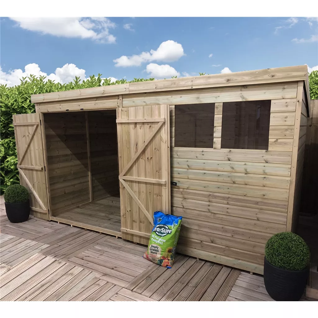 14 x 3 Pressure Treated T&G Pent Shed With 3 Windows, Double Door – Left/Right Door Option product image