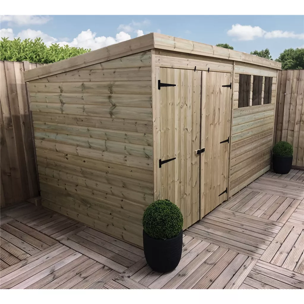 14 x 3 Pressure Treated T&G Pent Shed With 3 Windows, Double Door – Left/Right Door Option product image