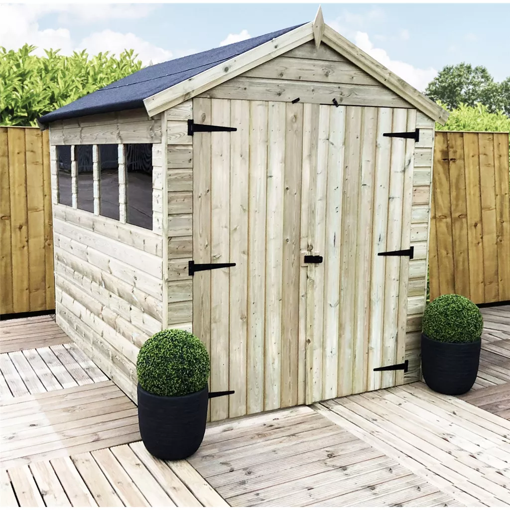 8 x 6 Premier Pressure Treated T&G Apex Shed – Higher Eaves, 4 Windows, Double Door