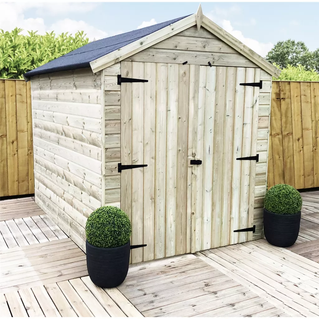 6 x 6 Windowless Premier Pressure Treated T&G Apex Shed – Higher Eaves, + Double Doors