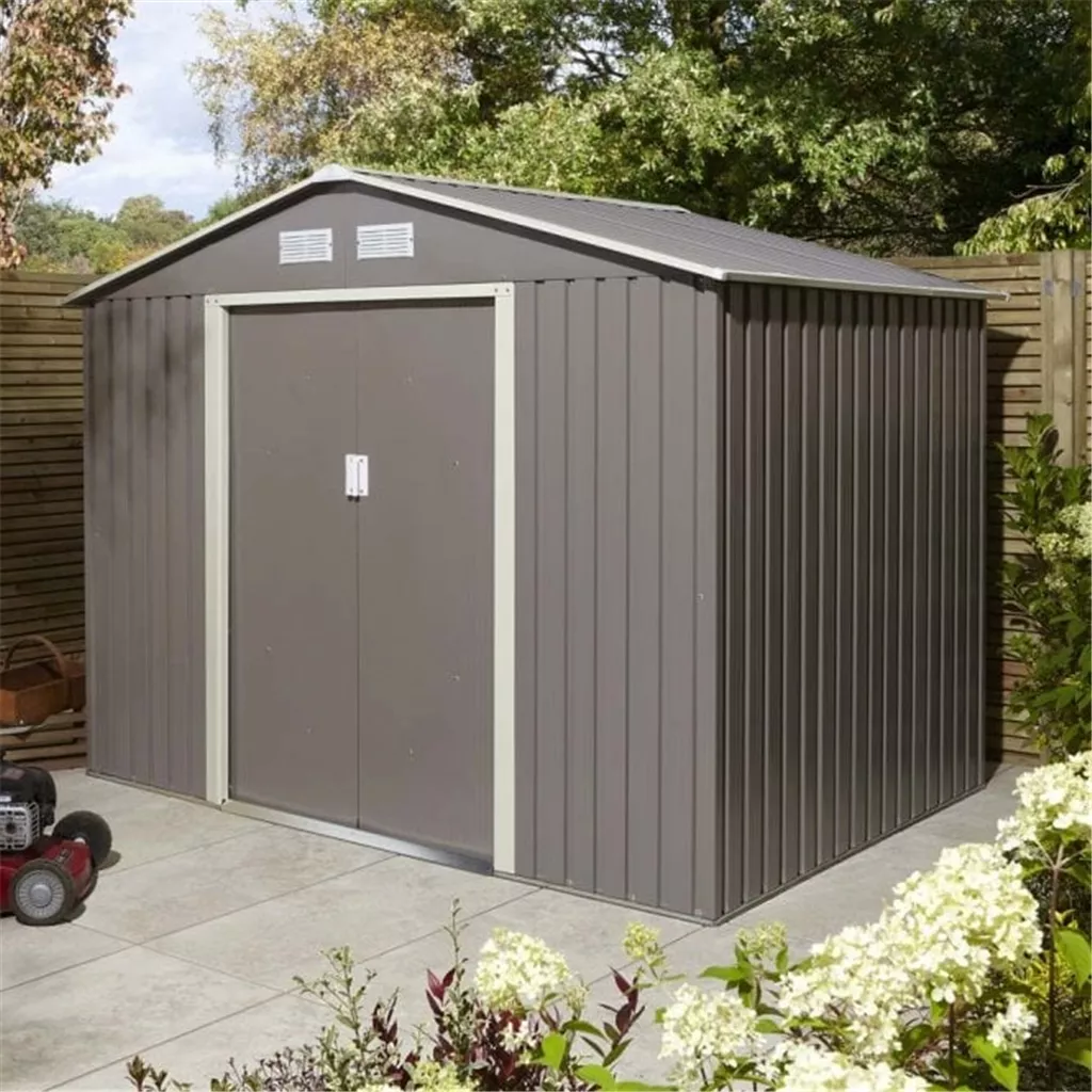 8 x 6 Deluxe Ironwood Metal Apex Shed – Double Door & Foundation Kit – Light Grey product image