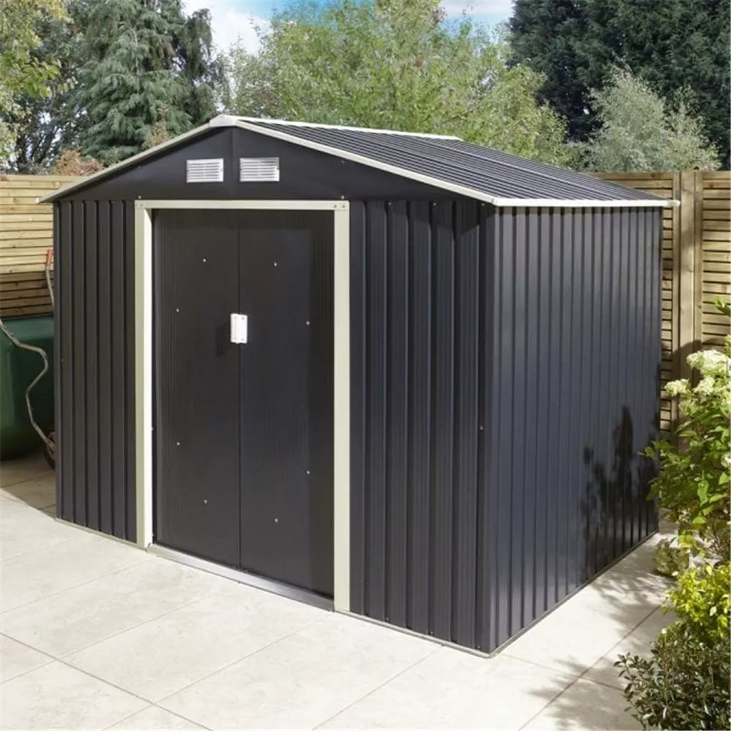 8 x 6 Deluxe Ironwood Metal Apex Shed – Double Door & Foundation Kit – Dark Grey product image