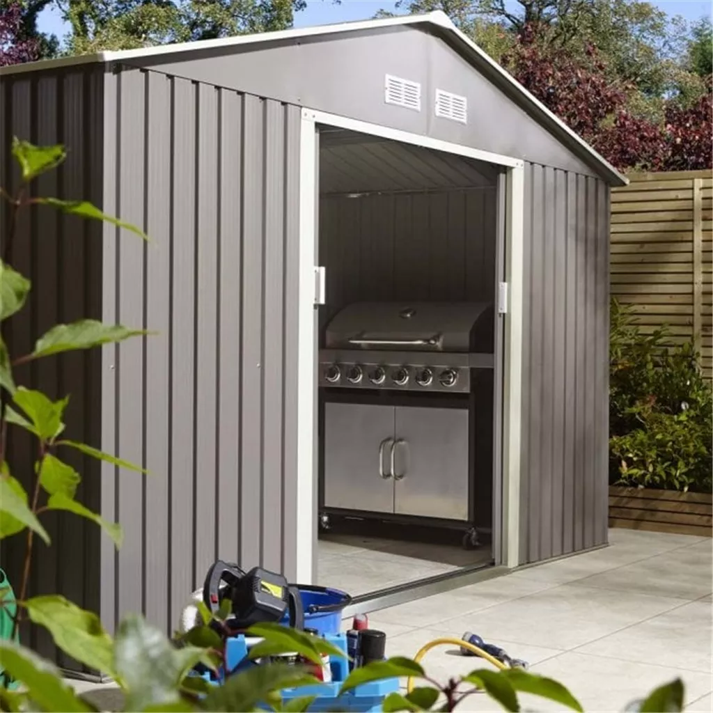 10 x 8 Deluxe Ironwood Metal Apex Shed – Double Door & Foundation Kit – Light Grey product image