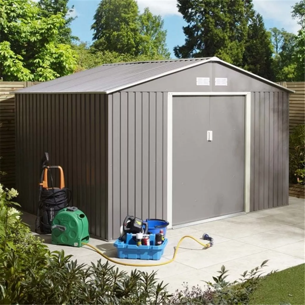 10 x 8 Deluxe Ironwood Metal Apex Shed – Double Door, Assembly – Light Grey product image