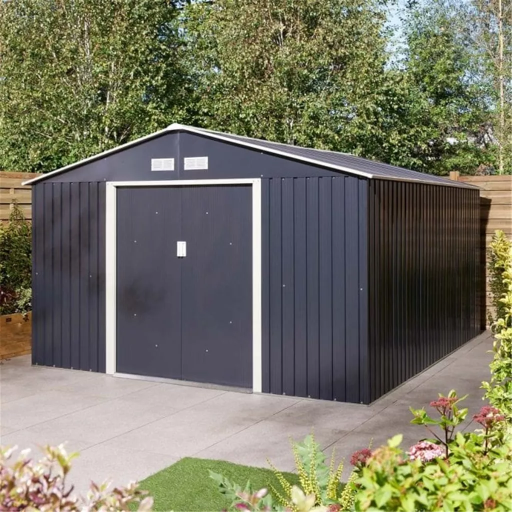10 x 12 Deluxe Ironwood Metal Apex Shed – Double Door, Assembly – Dark Grey product image