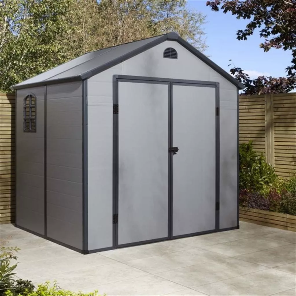 TEMU 8ft x 6ft Deluxe Stratton Plastic Shed Double Door Apex Shed With Foundation Kit - Light Grey product image