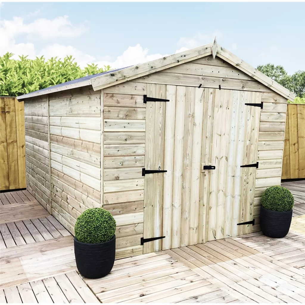 12 x 8 Windowless Premier Pressure Treated T&G Apex Shed – Higher Eaves, Double Door