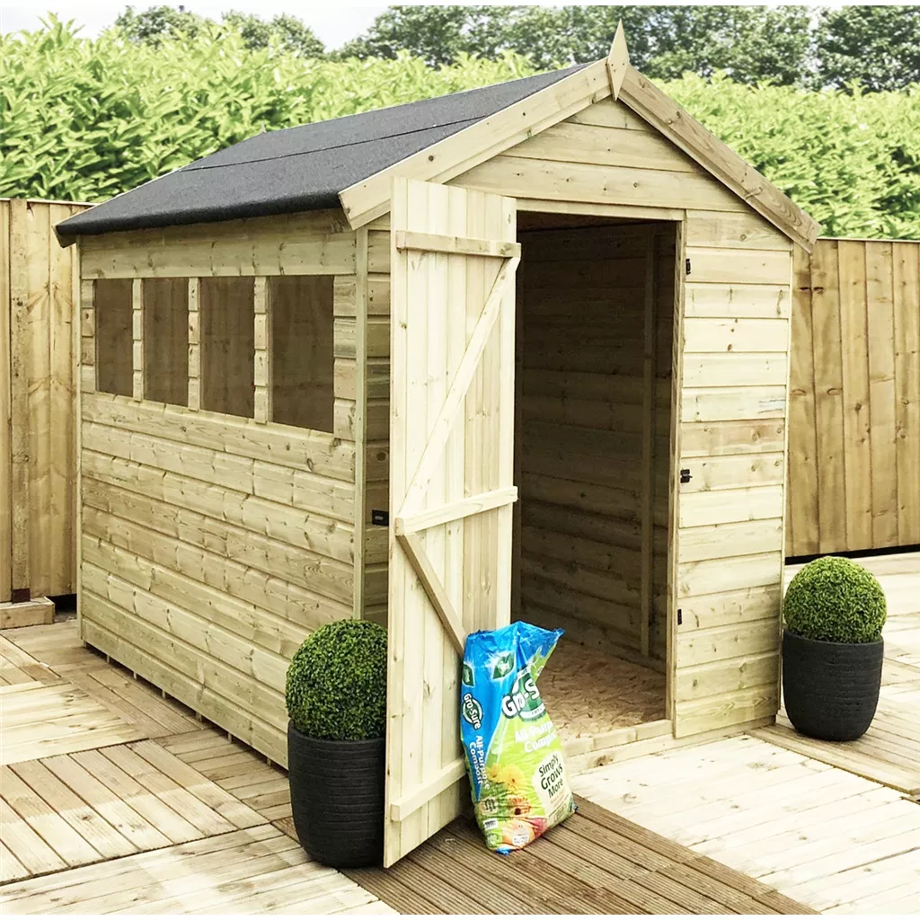 10 x 6 Premier Pressure Treated T&G Apex Shed – Higher Eaves, 4 Windows, Single Door